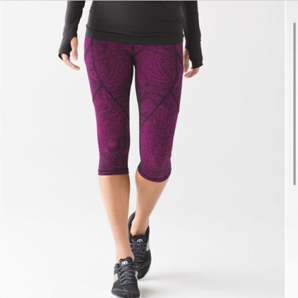 Lululemon Outrun Crop Legging Purple Mesh Antique Paisley Deep Fuchsia Black - Picture 12 of 13
